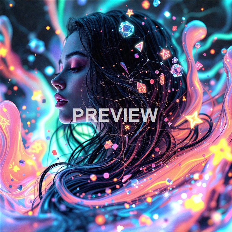 A digitally created image of a woman with long, flowing dark hair, surrounded by glowing geometric shapes and colorful, swirling light effects that give a surreal and futuristic impression.